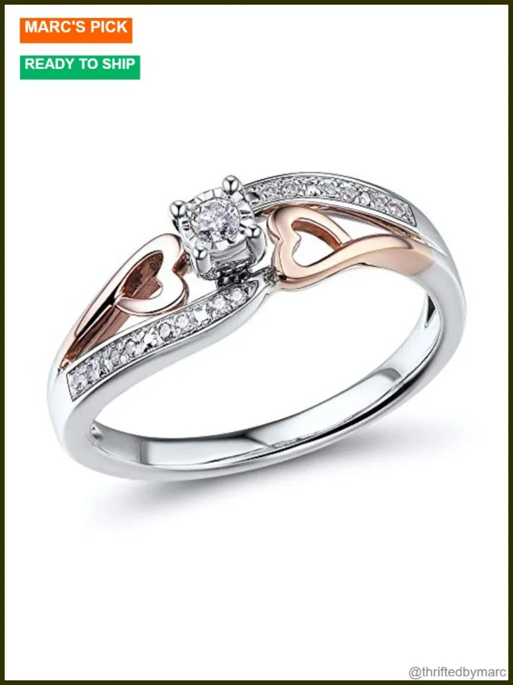 10K Rose Gold & Sterling Silver Diamond Promise Ring 1/10 Carat Halo Heart